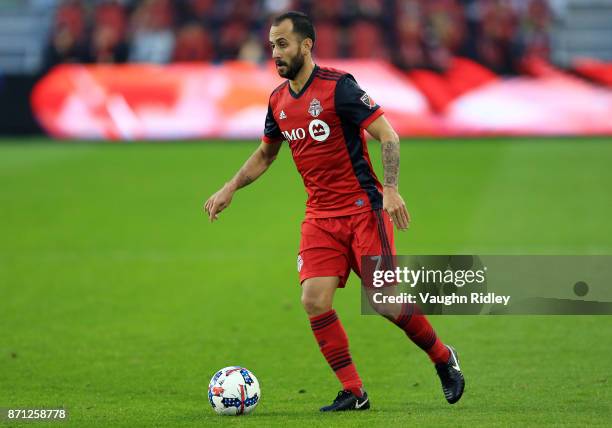 Victor Vazquez of Toronto FC dribbles the ball during the first half of the MLS Eastern Conference Semifinal, Leg 2 game against New York Red Bulls...