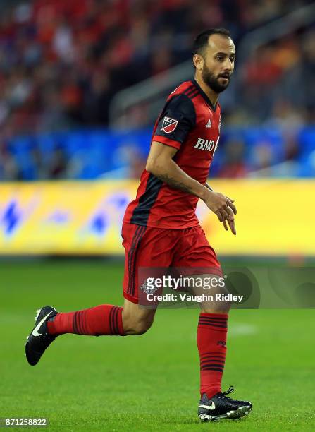 Victor Vazquez of Toronto FC chases the ball during the first half of the MLS Eastern Conference Semifinal, Leg 2 game against New York Red Bulls at...