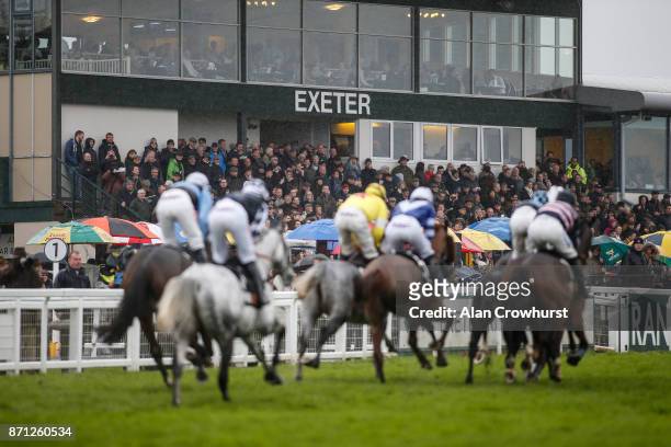 General view as runners pass the grandstands at Exeter racecourse on November 7, 2017 in Exeter, United Kingdom.