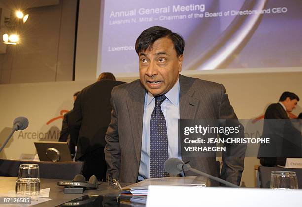 The chairman of the board and chief executive officer the world's biggest steel maker ArcelorMittal, Lakshmi Mittal, arrives on May 12, 2009 an...