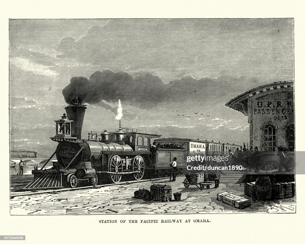 Steam train, station of Pacific Railway at Omaha, 19th Century