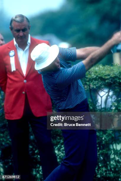 Jim Colbert of the United States hits his ball during the Manufacturers Hanover Westchester Classic circa June, 1982 at the Westchester Country Club...