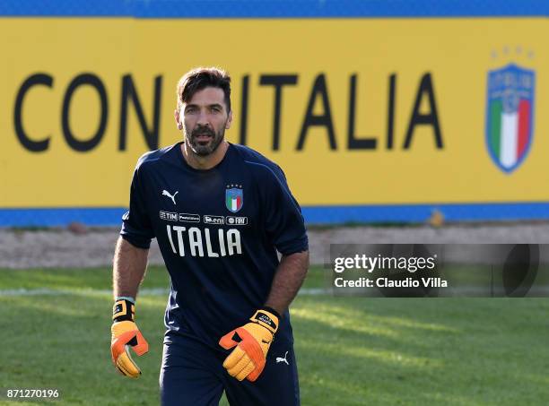 Gianluigi Buffon of Italy looks on during a training session at Italy club's training ground at Coverciano on November 7, 2017 in Florence, Italy.