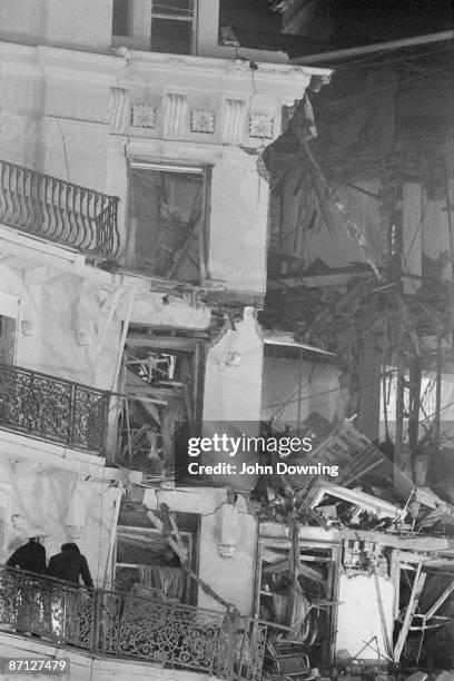 Firemen in the Grand Hotel in Brighton, after a bomb attack by the IRA, 12th October 1984. British Prime Minister Margaret Thatcher and many other...