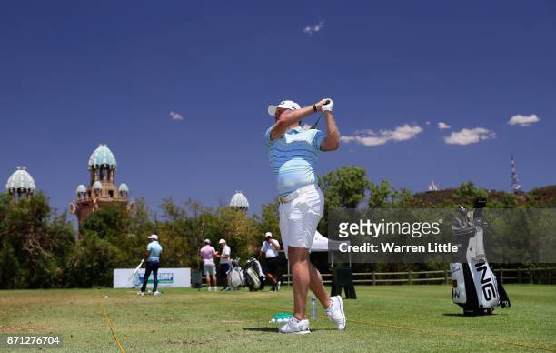 Lee Westwood of England hits ball on the range at the Lost City ahead of the Nedbank Golf Challenge at Gary Player CC on November 7, 2017 in Sun...