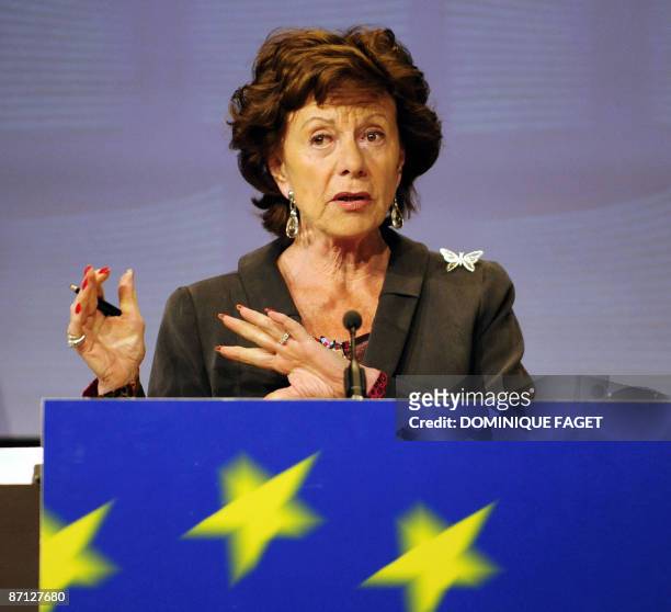 European commissioner for competion Neelie Kroes of the Netherlands holds a press conference on state-aided banks on May 12 at the European...