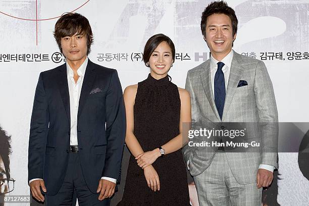 South Korean actor Lee Byung-Hun and Jung Jun-Ho and actress Kim Tae-Hee attend the KBS Drama "Iris" press conference at 9th Avenue on May 12, 2009...