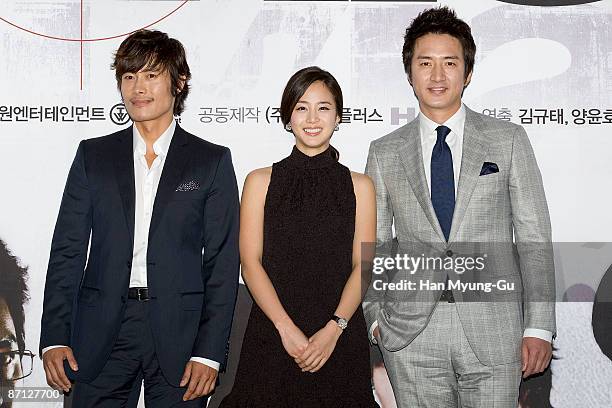 South Korean actor Lee Byung-Hun and Jung Jun-Ho and actress Kim Tae-Hee attend the KBS Drama "Iris" press conference at 9th Avenue on May 12, 2009...