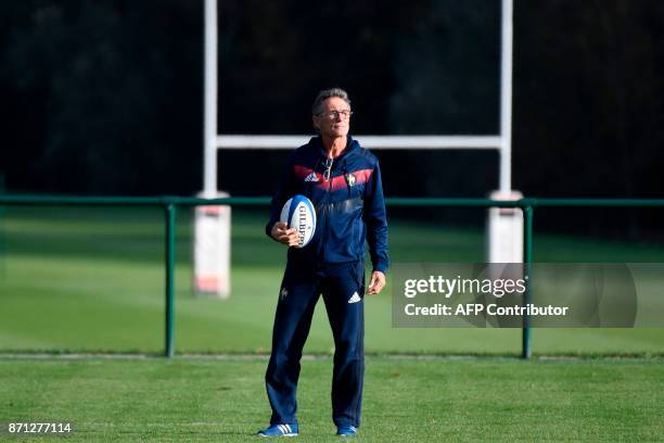 French national rugby union team head coach Guy Noves supervises a training session in Marcoussis, near Paris, on November 7, 2017 ahead of the...