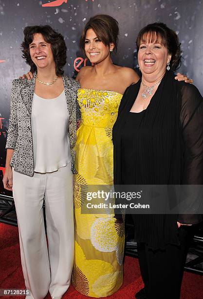 Producer Gigi Pritzker, actress Eva Mendes and producer Deborah Del Prete arrive on the red carpet of the Los Angeles premiere of "The Spirit" at the...