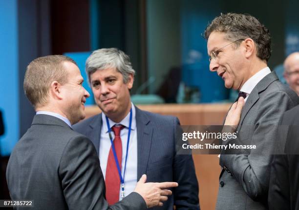 Finnish Finance Minister Petteri Orpo is talking with the Portuguese Finance Minister Mario Centeno and the and the President of the Council Jeroen...