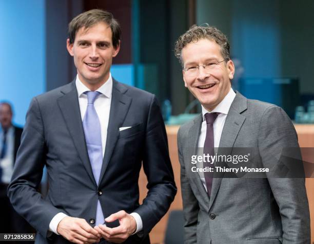 Dutch finance Minister Wopke Bastiaan Hoekstra is talking with the President of the Council Jeroen Dijsselbloem during an Eurozone Ministers meeting...