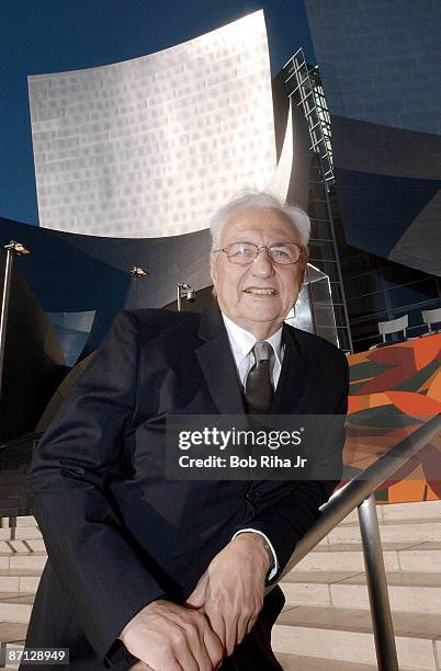 Internationally renowned architect Frank Gehry stands in front of his newest creation, the 293,000 square-foot Walt Disney Concert Hall in downtown...