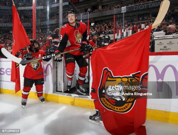 Jack Rodewald of the Ottawa Senators steps onto the ice during player introductions prior to a game against the Vegas Golden Knights at Canadian Tire...