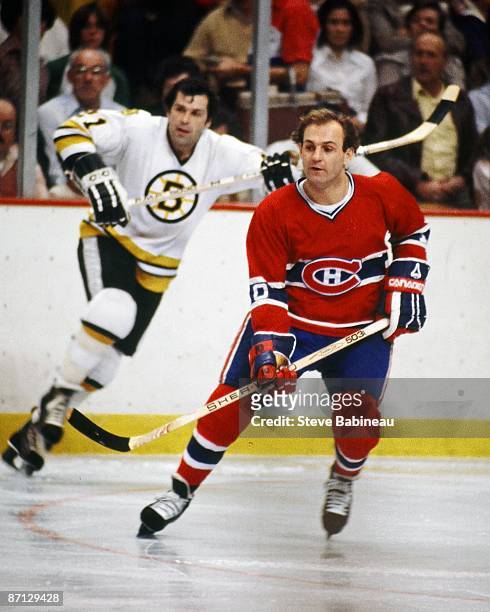 Guy Lafleur of the Montreal Canadiens skates against the Boston Bruins at Boston Garden.