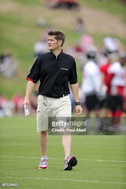General Manager Thomas Dimitroff of the Atlanta Falcons looks on during minicamp at the Falcons Complex on May 9, 2009 in Flowery Branch, Georgia.