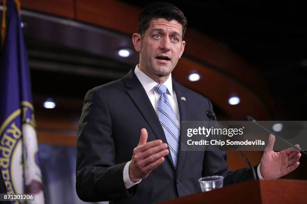 Speaker of the House Paul Ryan holds a news conference at the U.S. Capitol November 7, 2017 in Washington, DC. Ryan and fellow House GOP leaders said...