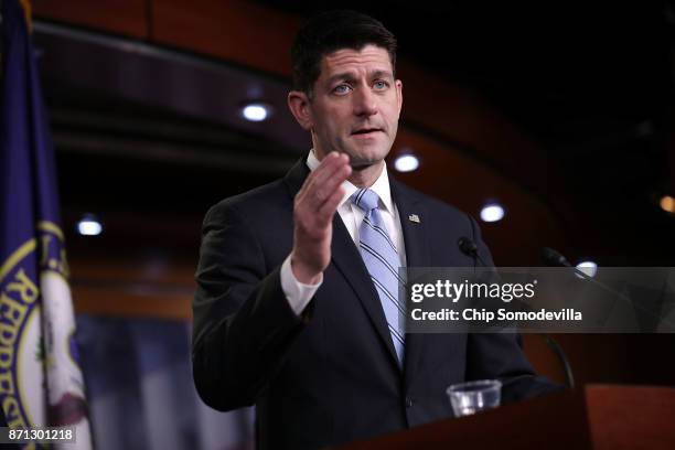 Speaker of the House Paul Ryan holds a news conference at the U.S. Capitol November 7, 2017 in Washington, DC. Ryan and fellow House GOP leaders said...