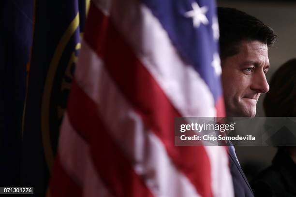 Speaker of the House Paul Ryan holds a news conference at the U.S. Capitol November 7, 2017 in Washington, DC. Ryan and fellow House GOP leaders said...