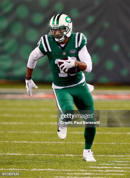 Jermaine Kearse of the New York Jets runs with the ball in an NFL football game against the Buffalo Bills on November 2, 2017 at MetLife Stadium in...