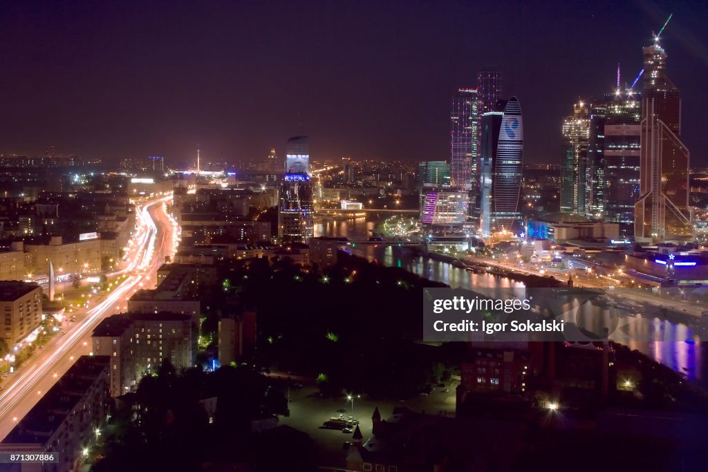 Luftaufnahme Von Oben Nacht Megalopolis Stadt Moskau In Der Nacht