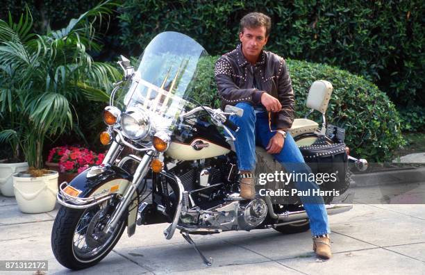 Ray Sharkey on his Harley Davidson in the Hollywood Hills December 12, 1989 Los Angeles, Hollywood, California