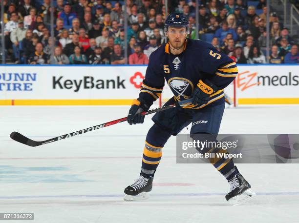 Matt Tennyson of the Buffalo Sabres of the Buffalo Sabres skates during an NHL game against the San Jose Sharks on October 28, 2017 at KeyBank Center...