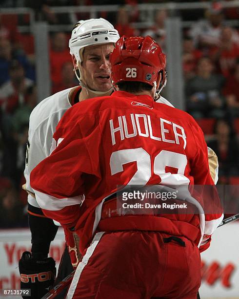 Jiri Hudler of the Detroit Red Wings has words with Ryan Getzlaf of the Anaheim Ducks during Game Five of the Western Conference Semifinal Round of...
