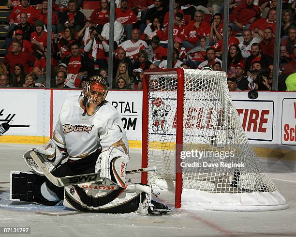 Jonas Hiller of the Anaheim Ducks makes a blocker save during Game Five of the Western Conference Semifinal Round of the 2009 Stanley Cup Playoffs...