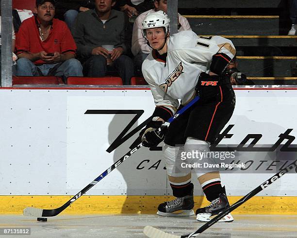Corey Perry of the Anaheim Ducks skates with the puck during Game Five of the Western Conference Semifinal Round of the 2009 Stanley Cup Playoffs...