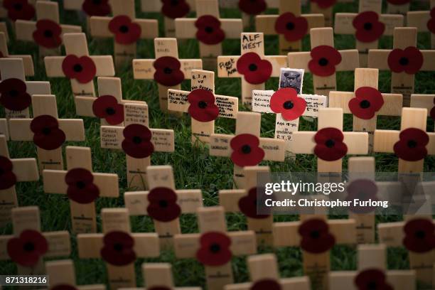 Crosses of Remembrance and bearing the names of fallen soldiers and poppies adorn the Field of Remembrance at the National Memorial Arboretum on...