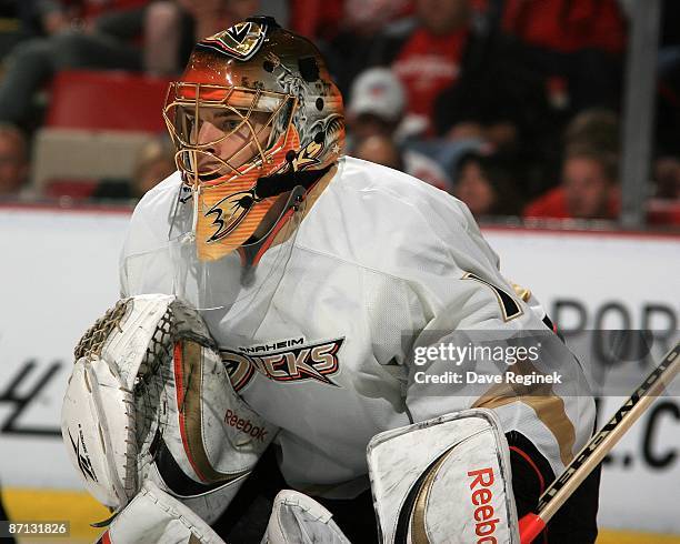 Jonas Hiller of the Anaheim Ducks gets set for a faceoff during Game Five of the Western Conference Semifinal Round of the 2009 Stanley Cup Playoffs...