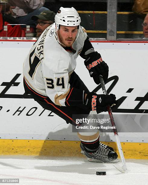James Wisniewski of the Anaheim Ducks skates with the puck during Game Five of the Western Conference Semifinal Round of the 2009 Stanley Cup...