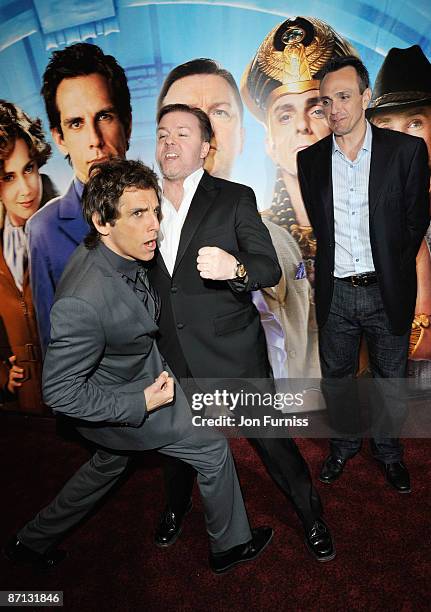 Ricky Gervais and Ben Stiller pose with Hank Azaria during arrivals for the World Premiere of 'Night at the Museum 2' at the Empire Leicester Square...