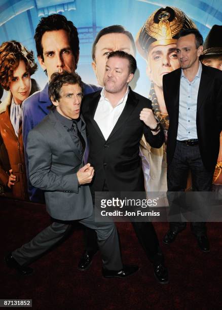 Ricky Gervais and Ben Stiller pose with Hank Azaria during arrivals for the World Premiere of 'Night at the Museum 2' at the Empire Leicester Square...