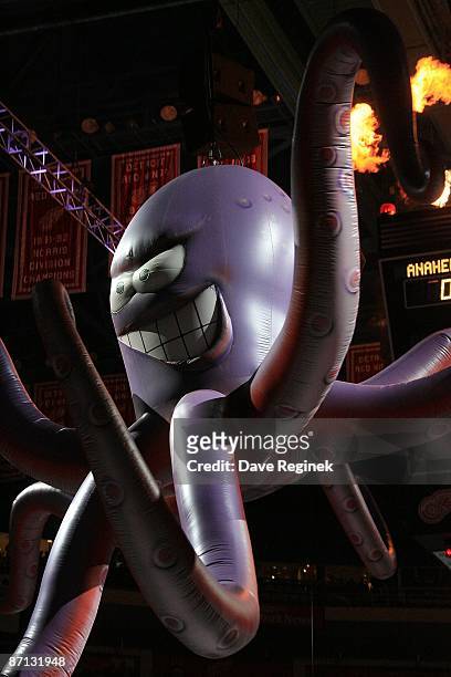 "Al" the Octopus is raised to the rafters before Game Five of the Western Conference Semifinal Round of the 2009 Stanley Cup Playoffs between the...