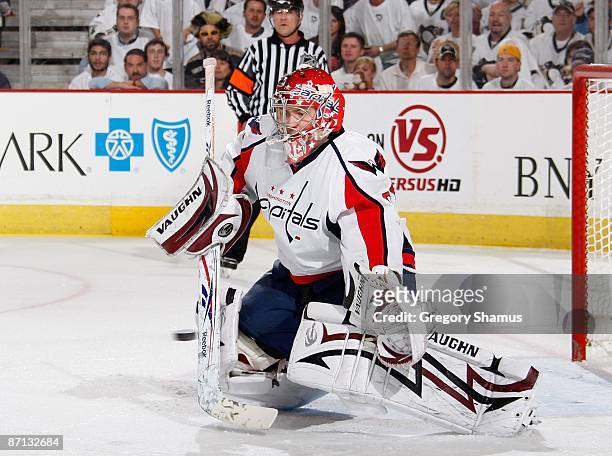 Simeon Varlamov of the Washington Capitals blocks a shot against the Pittsburgh Penguins during Game Six of the Eastern Conference Semifinals of the...
