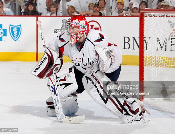 Simeon Varlamov of the Washington Capitals looks up ice against the Pittsburgh Penguins during Game Six of the Eastern Conference Semifinals of the...