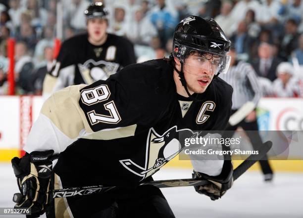 Sidney Crosby of the Pittsburgh Penguins looks on against the Washington Capitals during Game Six of the Eastern Conference Semifinals of the 2009...