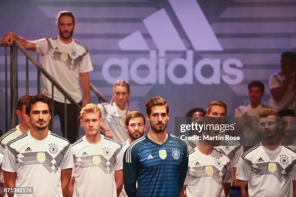 Mats Hummels, Julian Brandt, Kevin Trapp, Mario Goetze and Timo Werner attend the presentation of the new adidas Germany kit for the 2018 FIFA World...