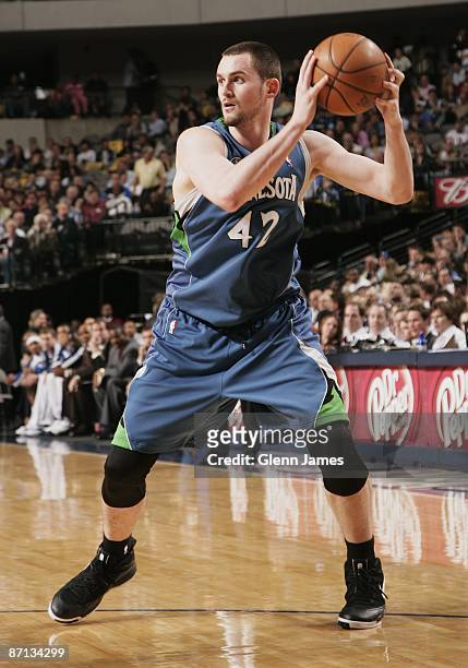 Kevin Love of the Minnesota Timberwolves holds the ball against the Dallas Mavericks during the game on April 13, 2009 at the American Airlines...