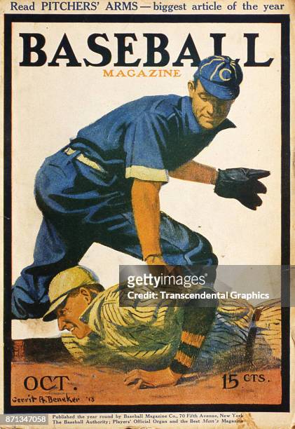 Baseball Magazine features an illustration of a play at second base, October 1913.
