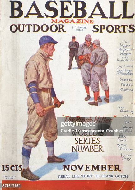 Baseball Magazine features an illustration of a 'pinch hitter' as he waits while opposing players confer, November 1911.
