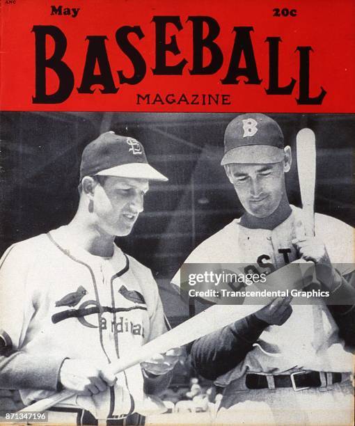 Baseball Magazine features a photograph of Stan Musial , of the St Louis Cardinals, and Ted Williams , of the Boston Red Sox, as they compare bats,...