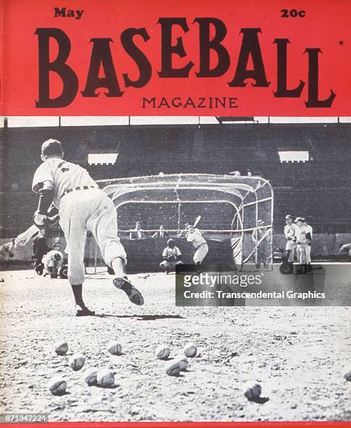 Baseball Magazine features a photograph of batting practice at Fenway Park, Boston, Massachusetts, May 1947.