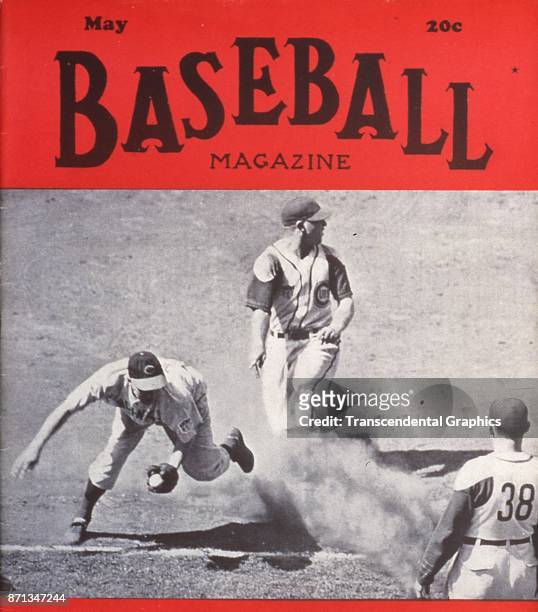 Baseball Magazine features a photograph of on-field action in a game between the Cincinatti Reds and Chicago Cubs, May 1943.