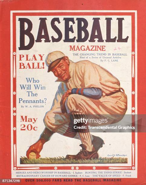 Baseball Magazine features an illustration of a fielder as he crouches to pick up a ball from the grass, May 1924.