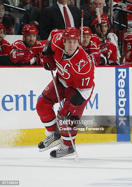Rod Brind'Amour of the Carolina Hurricanes during Game Four of the Eastern Conference Semifinal Round of the 2009 Stanley Cup Playoffs against the...