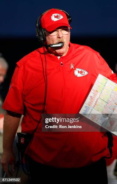 Head coach Andy Reid of the Kansas City Chiefs walks the sideline as the Chiefs play the Dallas Cowboys at AT&T Stadium on November 5, 2017 in...