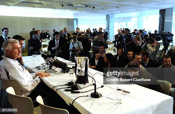 The media gather for a Carlton and Collingwood AFL joint press conference with Blues coach Brett Ratten and Magpies coach Michael Malthouse held at...